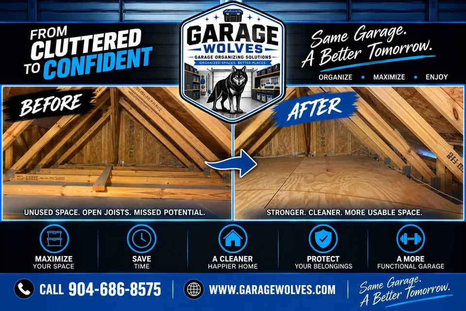 Side-by-side of a garage attic: bare trusses and open joists on the left, the same attic decked in plywood on the right