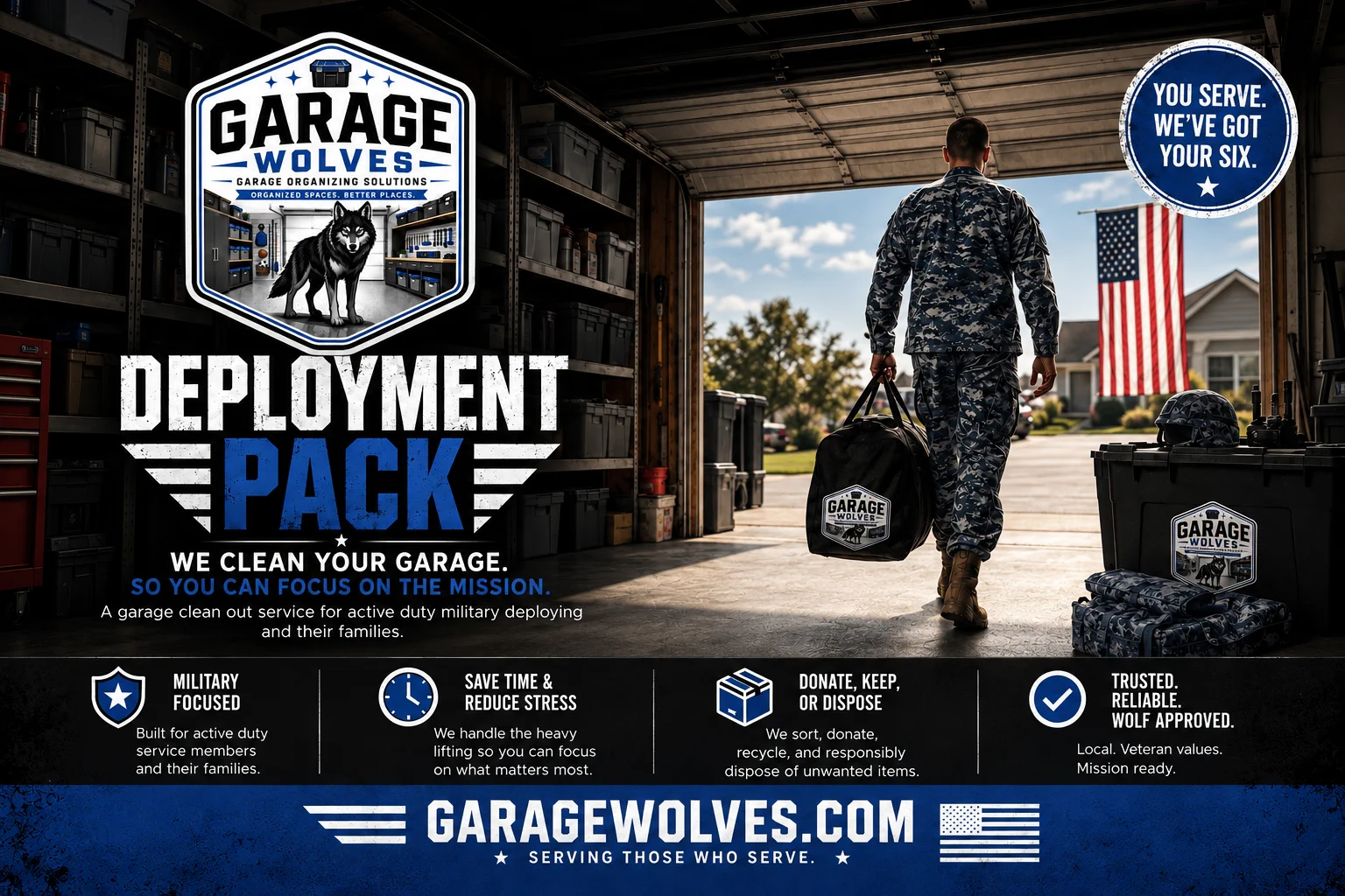 The Deployment Pack &mdash; a service member in uniform carrying a duffel bag out of an organized garage, American flag behind