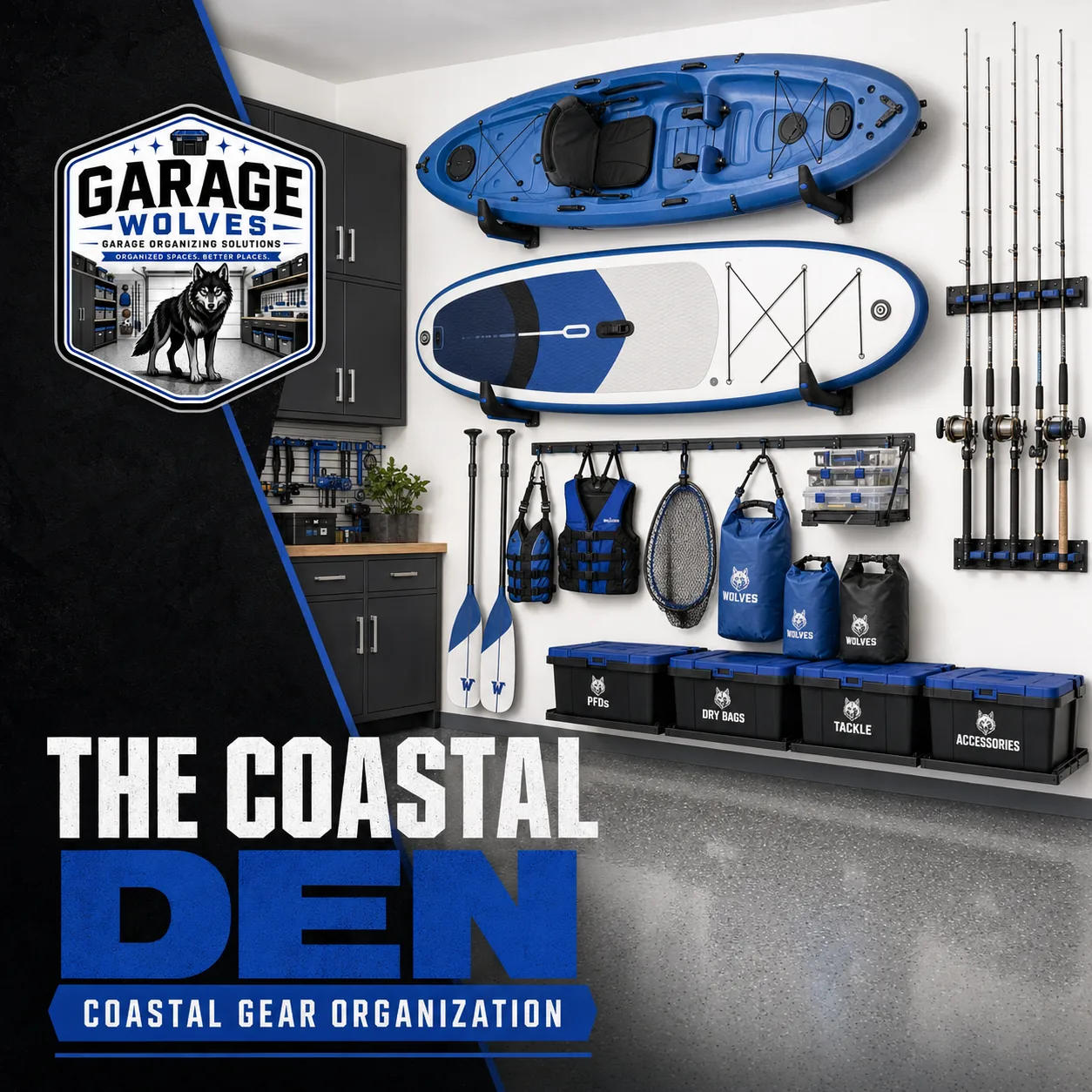 The Coastal Den &mdash; kayak, paddleboard and fishing rod storage in an organized coastal garage