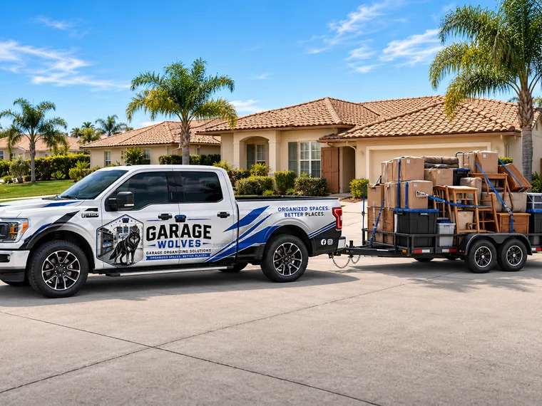Garage Wolves truck and loaded trailer on a driveway for a donation and junk haul-away run