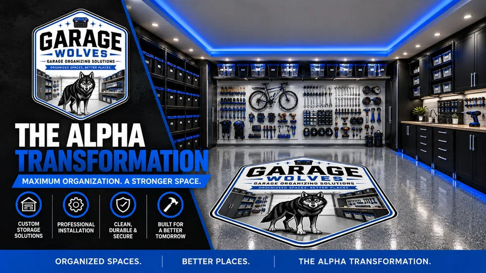 The Alpha Transformation: a fully fitted garage with dark cabinets, a bike on the wall, tool storage and blue accent lighting
