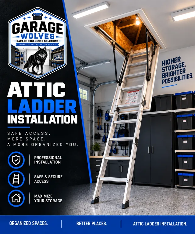 Aluminum pull-down attic ladder extended from a garage ceiling hatch down to the floor beside fitted cabinets
