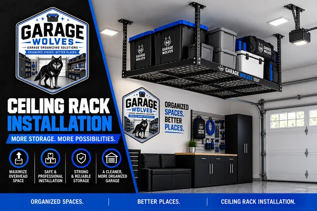 Overhead storage rack mounted to the garage ceiling holding stacked bins clear of the door track