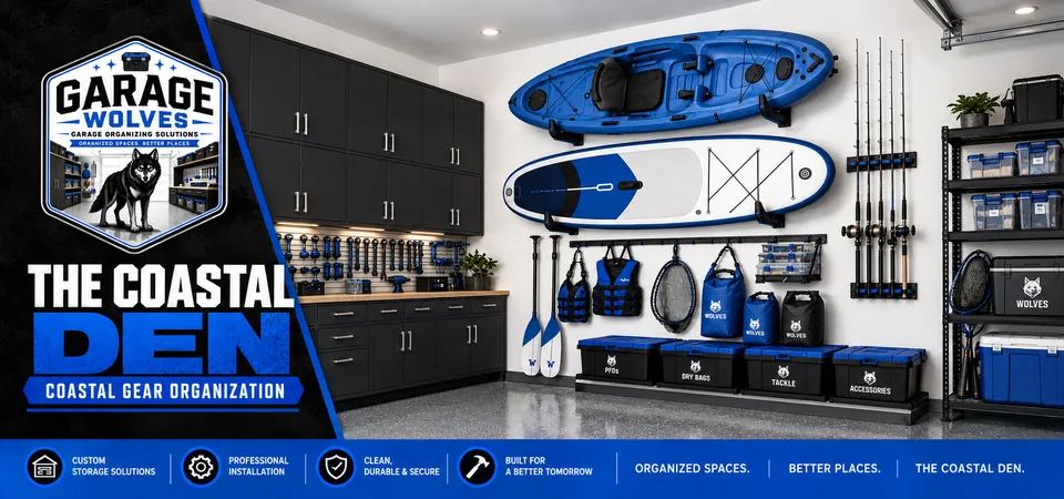 The Coastal Den: kayaks, a paddleboard, fishing rods, life jackets and labeled tackle bins racked along a garage wall beside dark cabinets