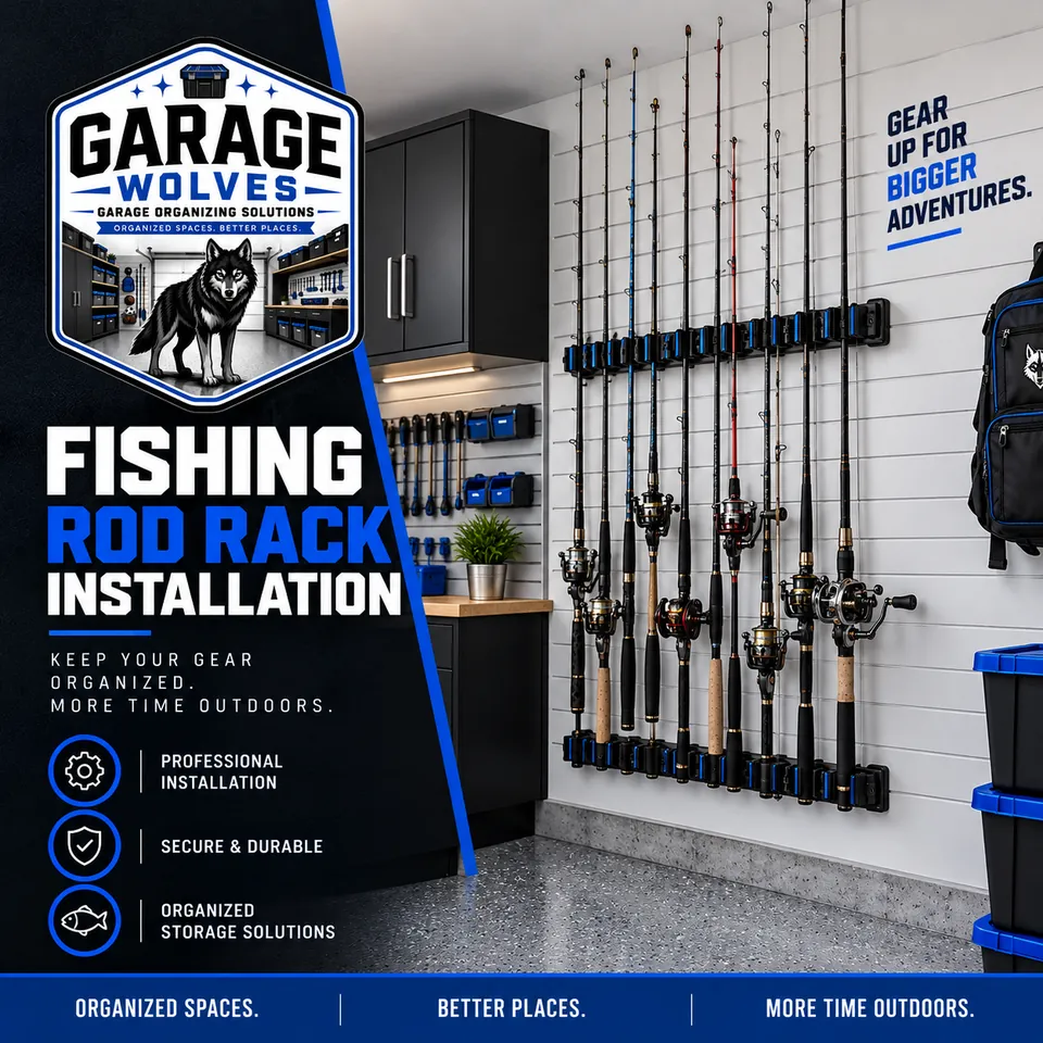 Fishing rods stored vertically in a wall-mounted rack beside tackle storage in a garage