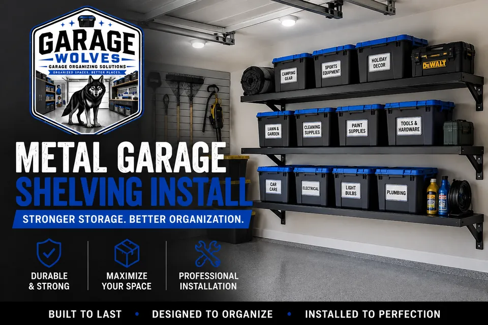 Floating garage shelves carrying labeled bins and paint tins along a finished garage wall