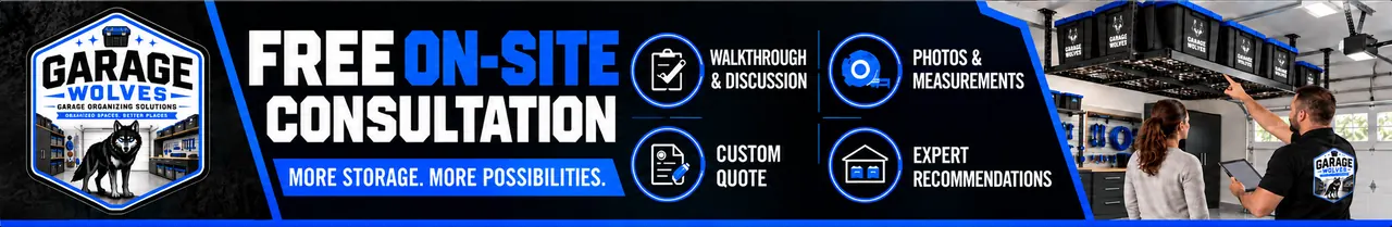 Garage Wolves free on-site consultation: walkthrough and discussion, photos and measurements, custom quote, expert recommendations. More storage, more possibilities.