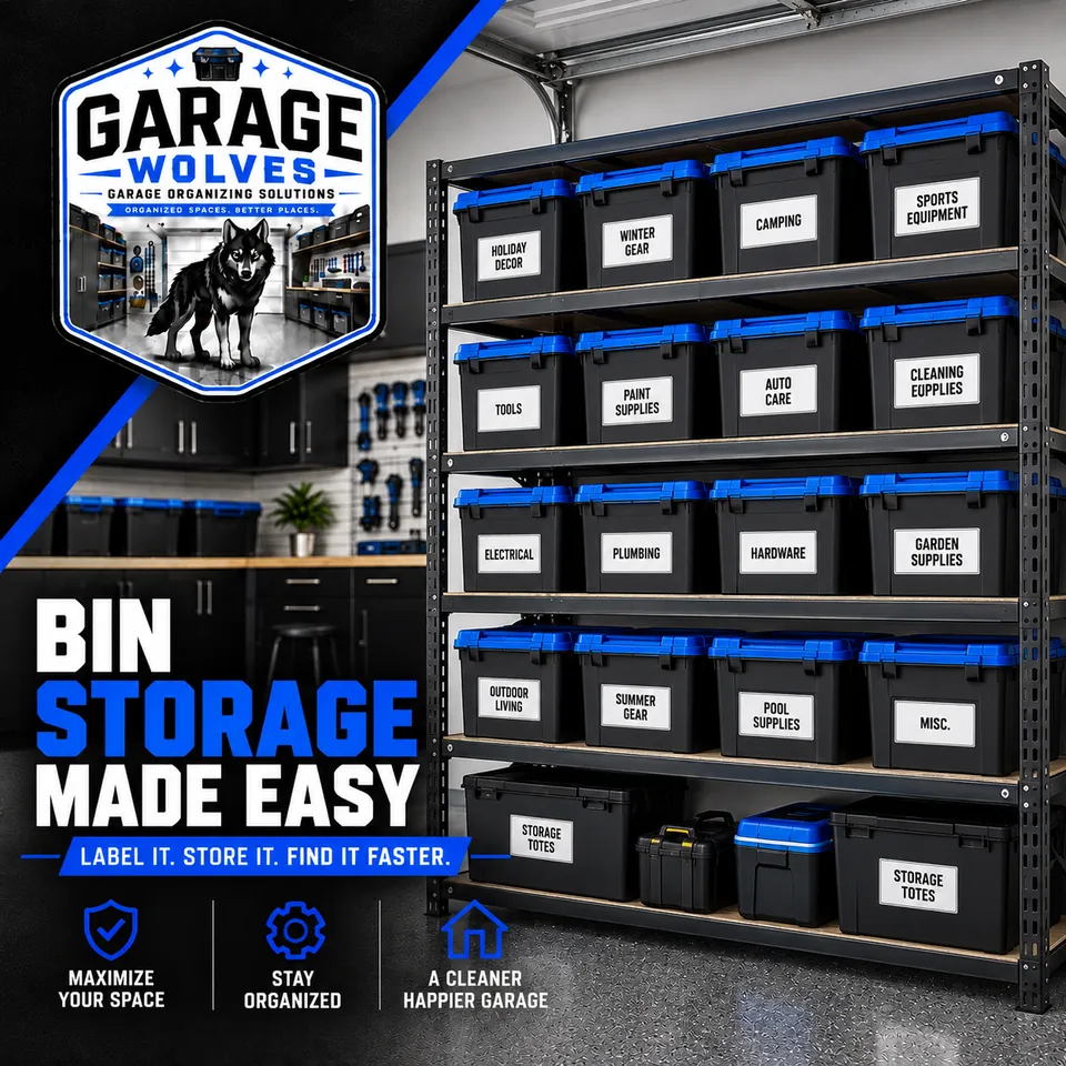 Labeled storage bins racked on garage shelving, sorted by category