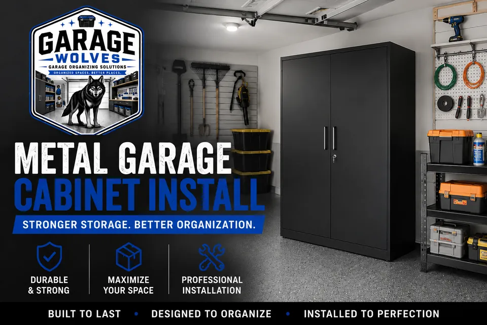 Tall metal garage cabinets installed along a wall next to open shelving and a workbench