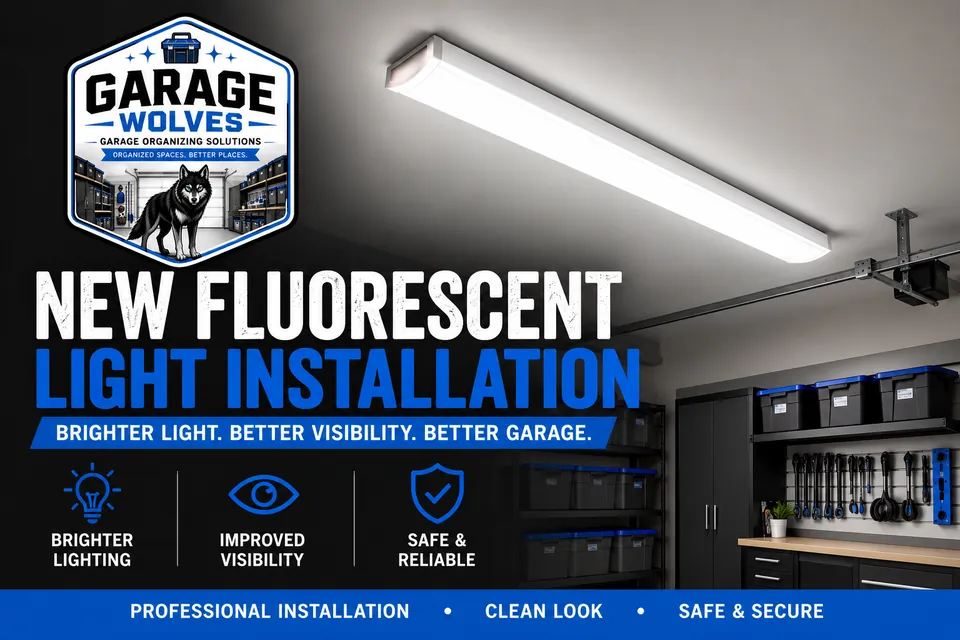 Long fluorescent-style LED fixture mounted on a garage ceiling near the door opener, throwing even light across the bay