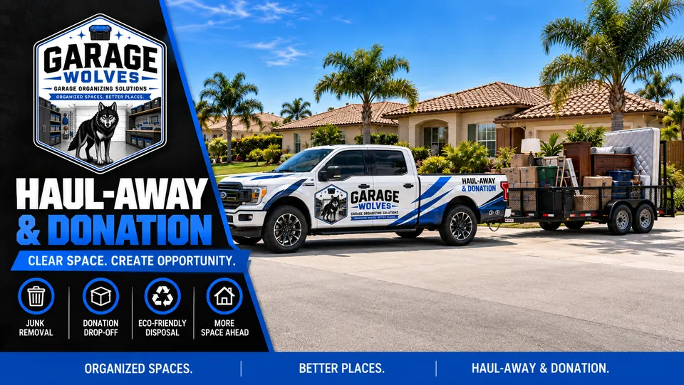 Garage Wolves truck and loaded trailer on a driveway during a donation and haul-away run