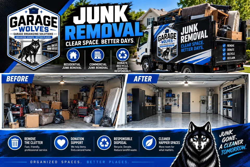 A loaded Garage Wolves junk removal truck, with a cluttered garage and a cleared garage shown side by side beneath it