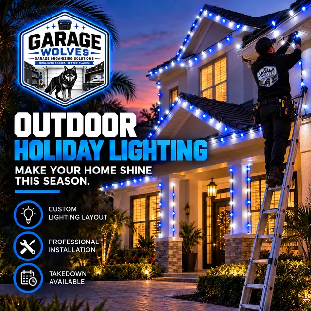 Two-story house outlined in blue and white holiday lights along the rooflines, with an installer on a ladder at the eaves