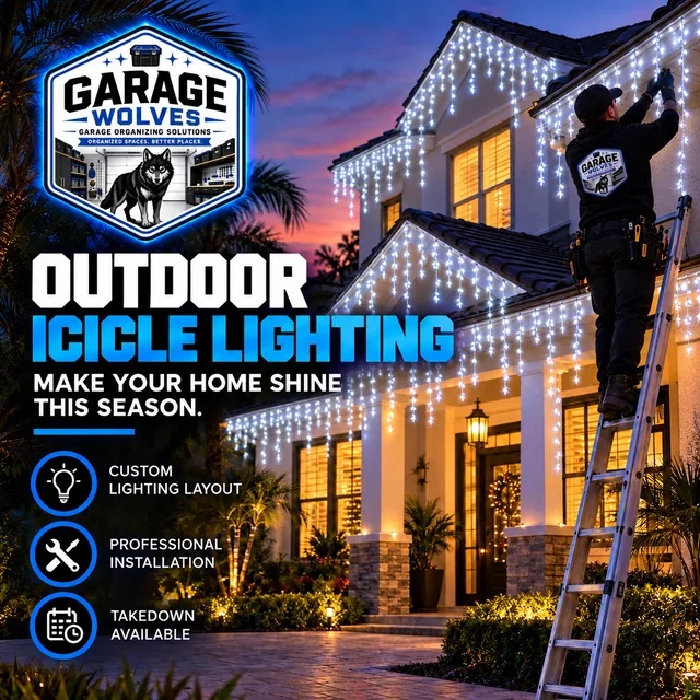 White icicle lights hanging from every eave of a two-story house at dusk, with an installer on a ladder