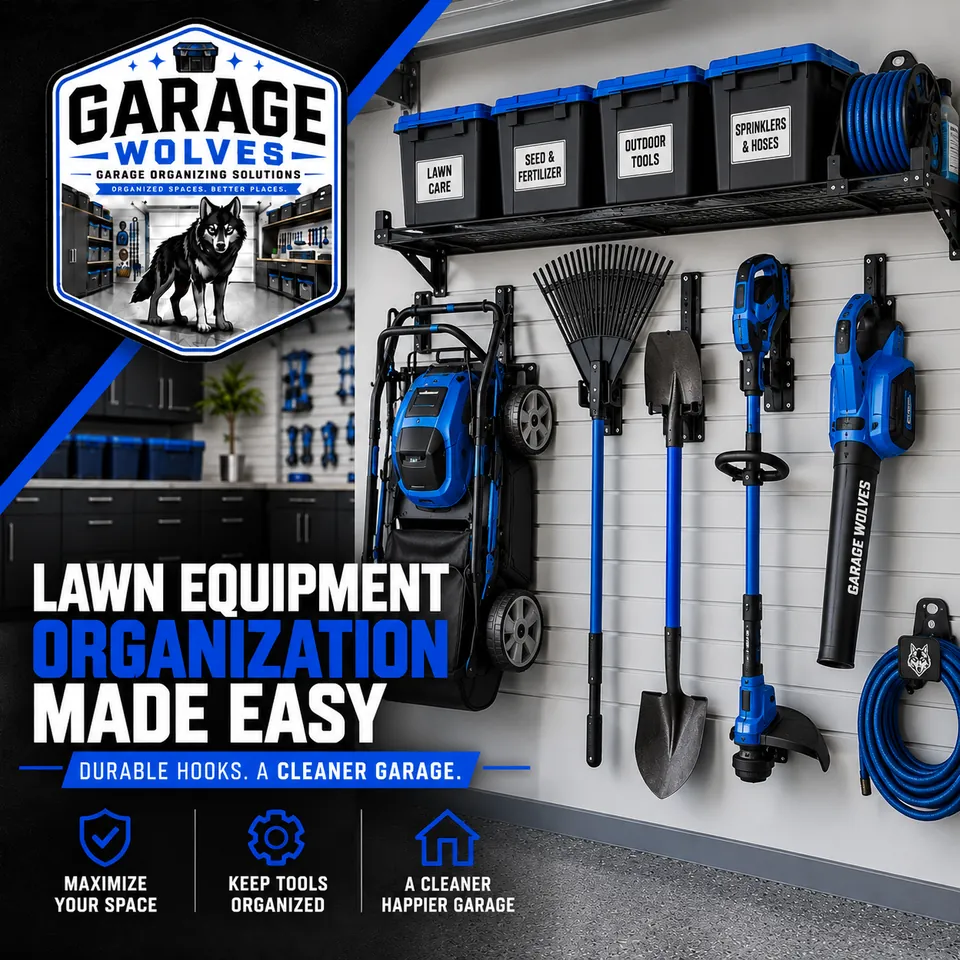 Rakes, a trimmer and a leaf blower hung on a garage wall rail, clear of the floor