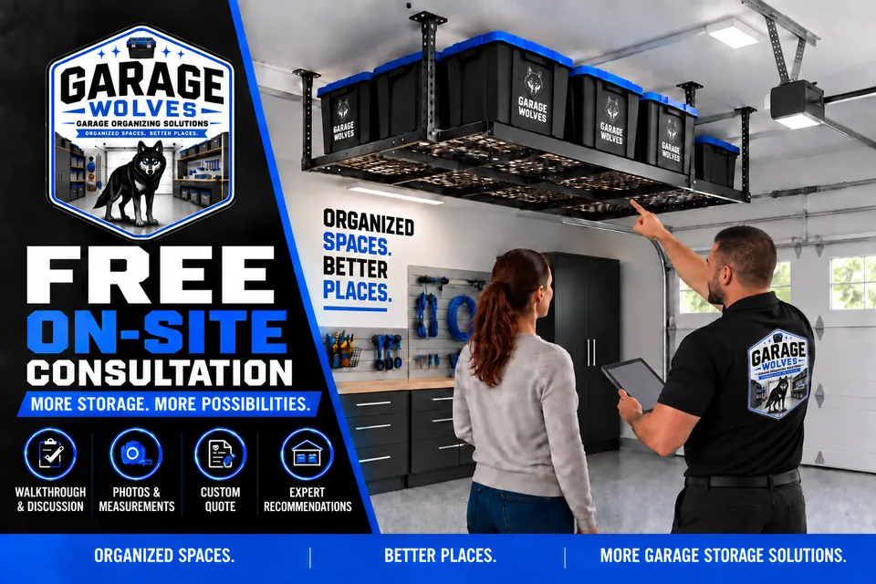 A Garage Wolves team member walking a homeowner through her garage during an on-site consultation, pointing at the ceiling storage