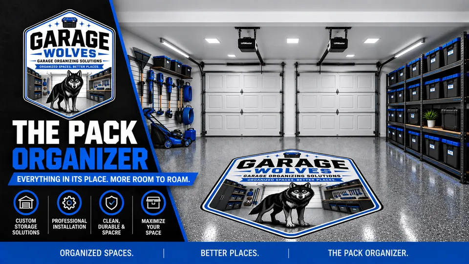 The Pack Organizer: a two-bay garage with labeled bins on wall shelving, sports gear racked and a clear floor