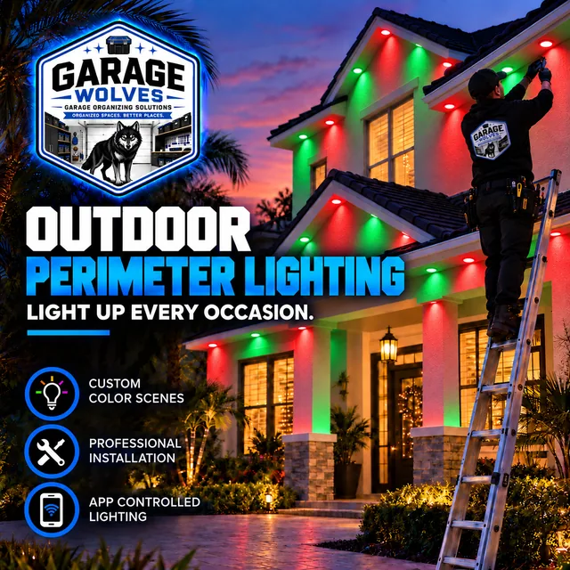 Perimeter lights under the eaves of a two-story house glowing red and green for the holidays