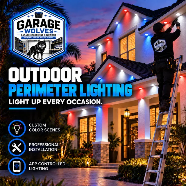 Perimeter lights under the eaves of a two-story house in red, white and blue