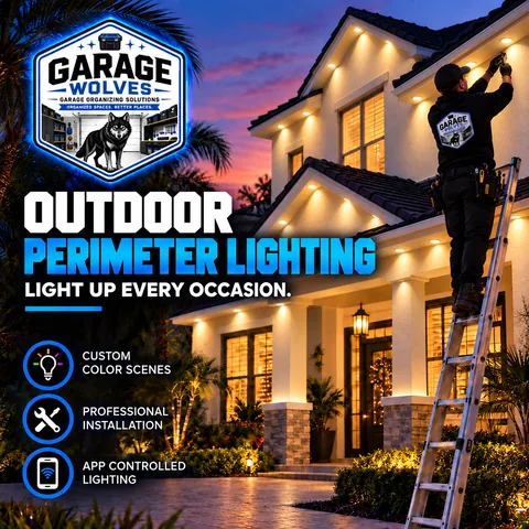 Perimeter lights glowing warm white under the eaves of a two-story house