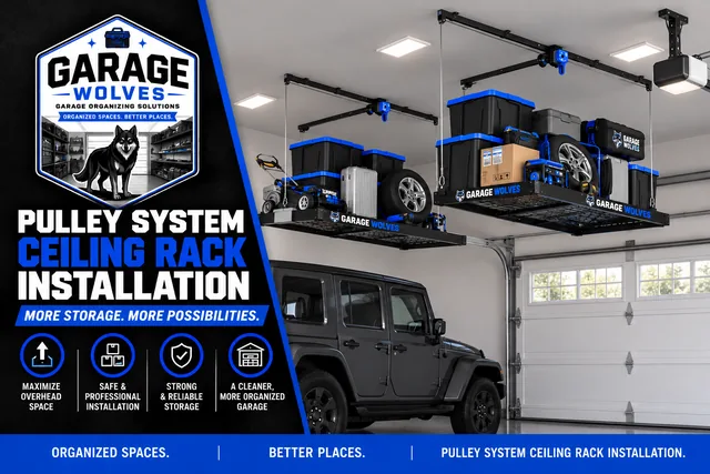 Two pulley system ceiling racks loaded with bins and a spare tire, hung above a parked car clear of the garage door track