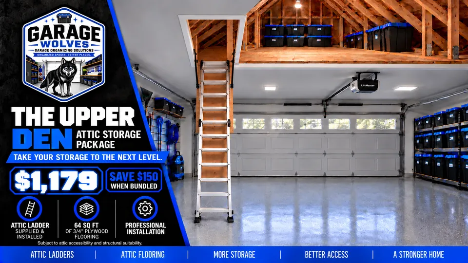 The Upper Den: a pull-down aluminum attic ladder lowered from a two-car garage ceiling into a plywood-floored attic stacked with blue-lidded storage bins