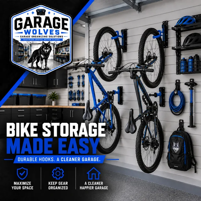 Two bikes hung on wall-mounted racks above a clear garage floor beside a tool wall